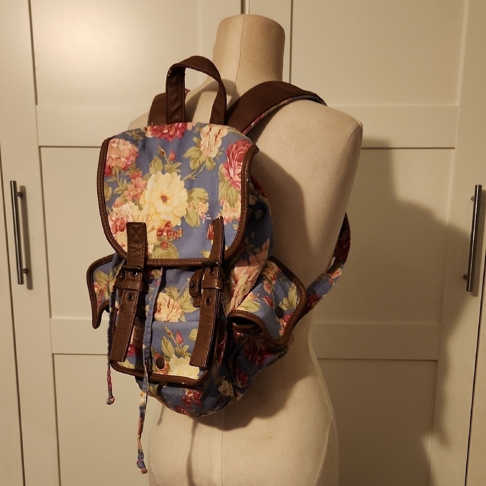 Candie's Floral Canvas Mini Backpack Purse Cinch Top